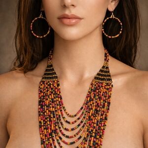 Gold Multi Color Multi Strand Beaded Statement Long Neckace & Earrings - 42"